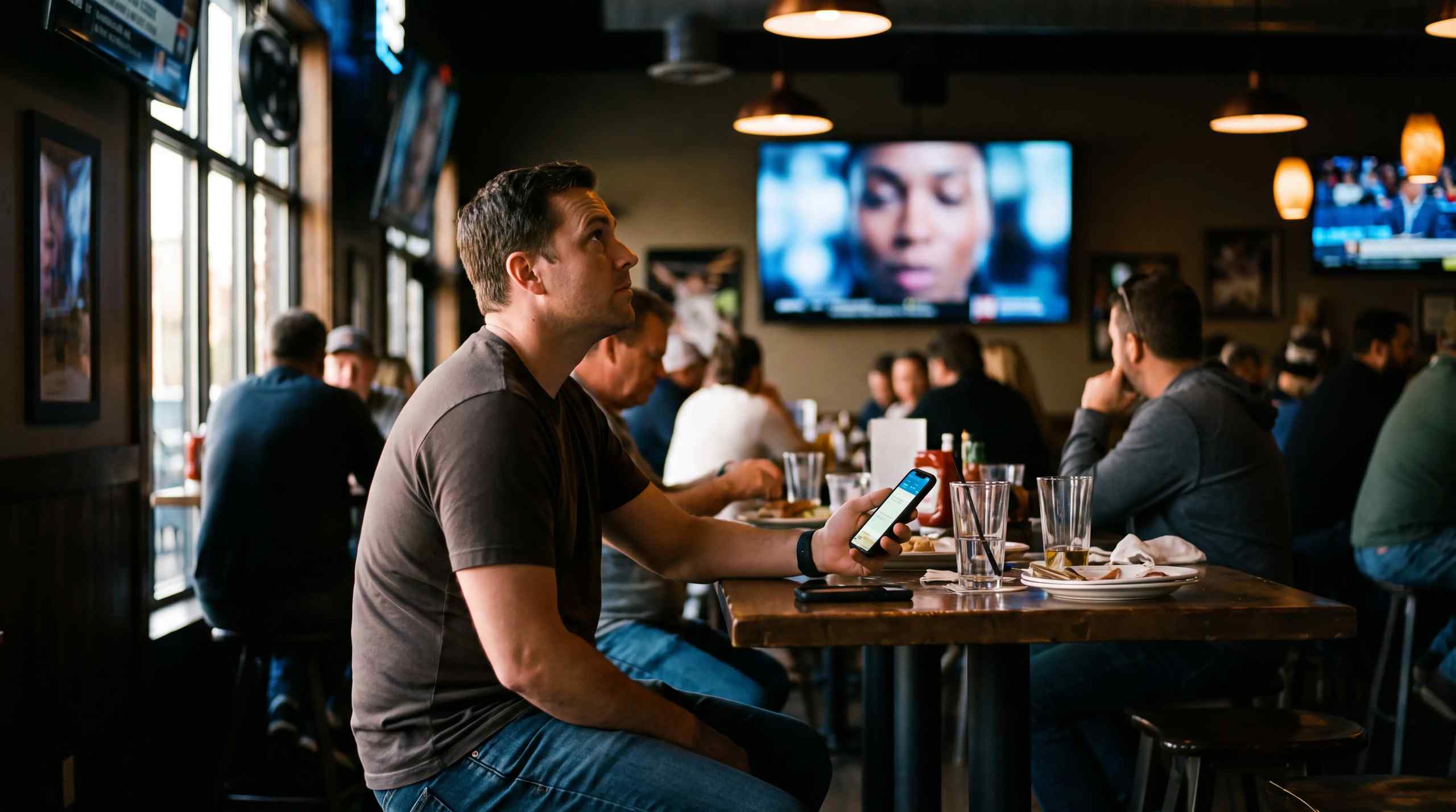 A sports fan in a bar checking his phone.
